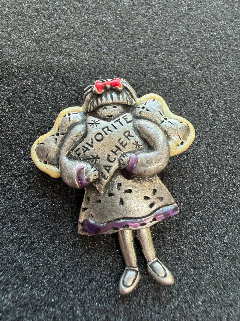 Vintage Tonya Creations Favorite Teacher Dangle Legs Angel Pewter Brooch Pin
